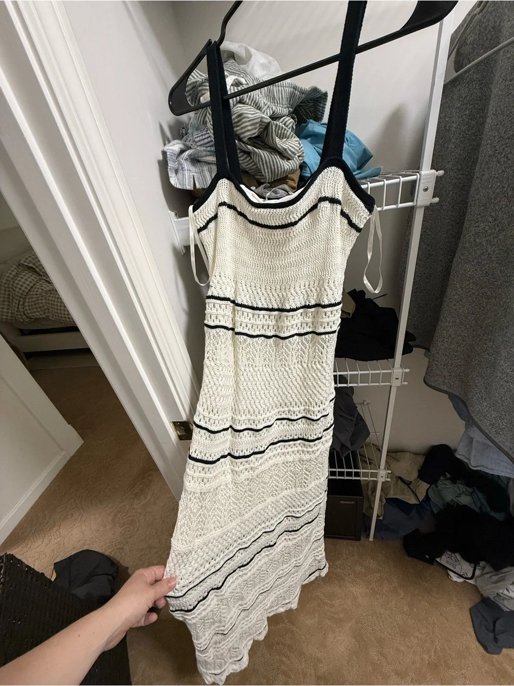 NWT crochet Abercrombie CrochetWhite Maxi Dress with Black Stripes